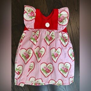 Baby Girls Handmade Smock Heart Dress Short‎ Sleeve Ruffle Floral Pink Red EUC